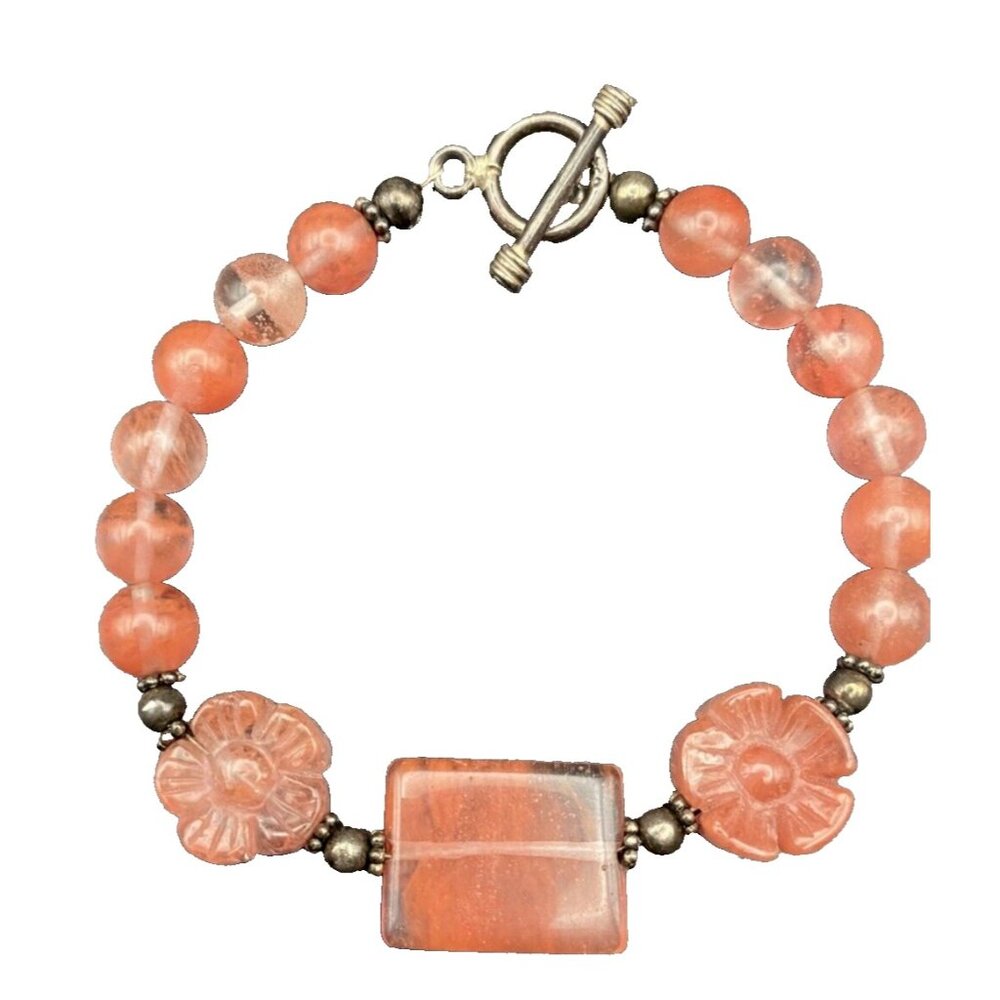 Strawberry Pink Quartz Bracelet Glass Flower Bead Sterling Silver Toggle 8" Boho - Picture 1 of 9